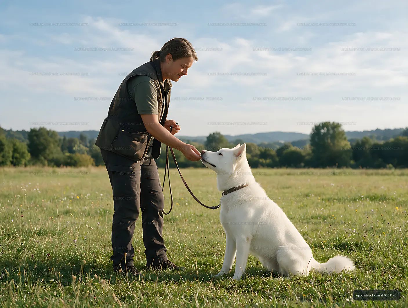 White-coated dog and handler in a meadow