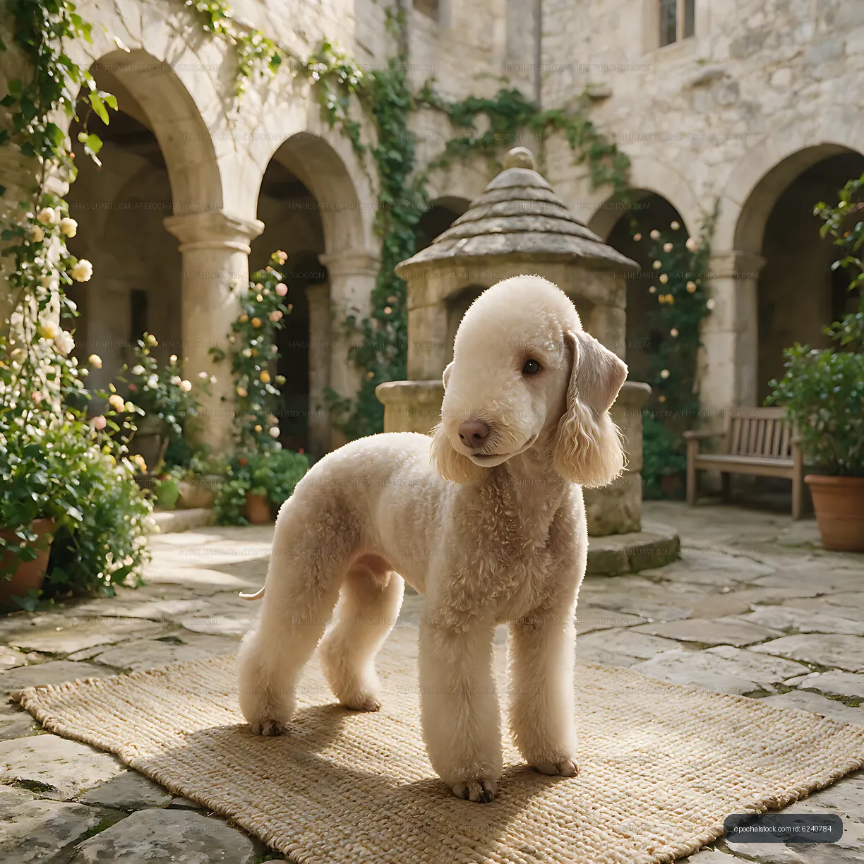 Curly-coated cream dog posing in a historic stone courtyard