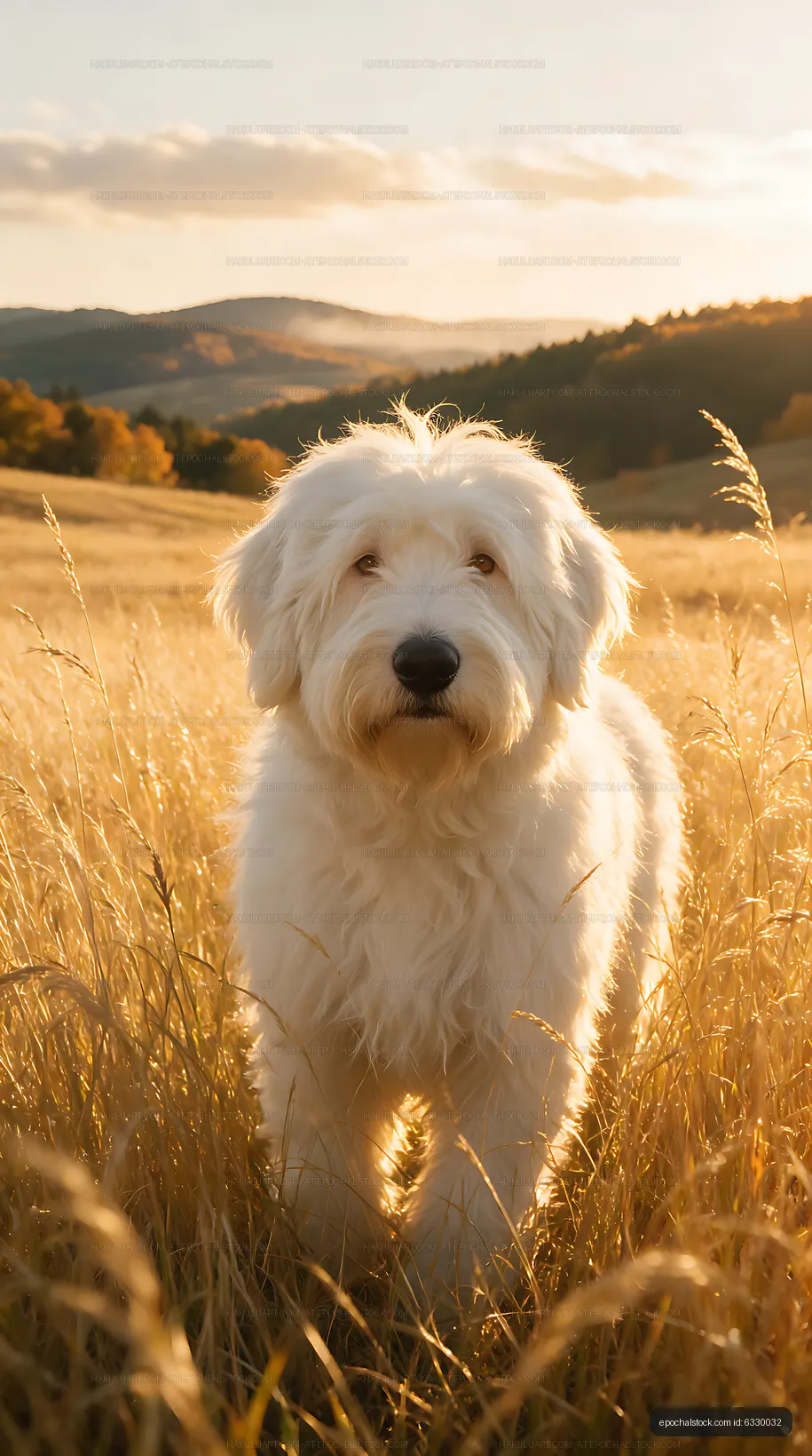 Long-haired white dog in warm countryside light
