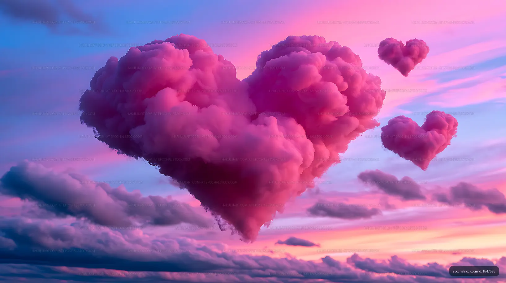 Dreamy heart-shaped clouds over a colorful sky