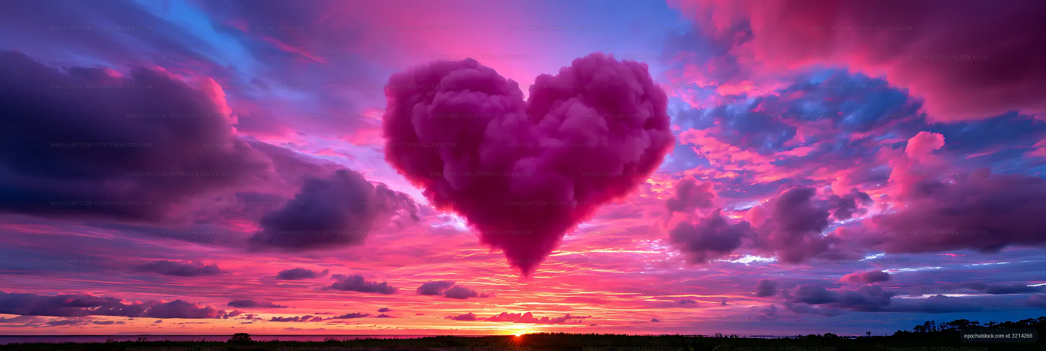 Romantic heart-shaped cloud above a glowing horizon