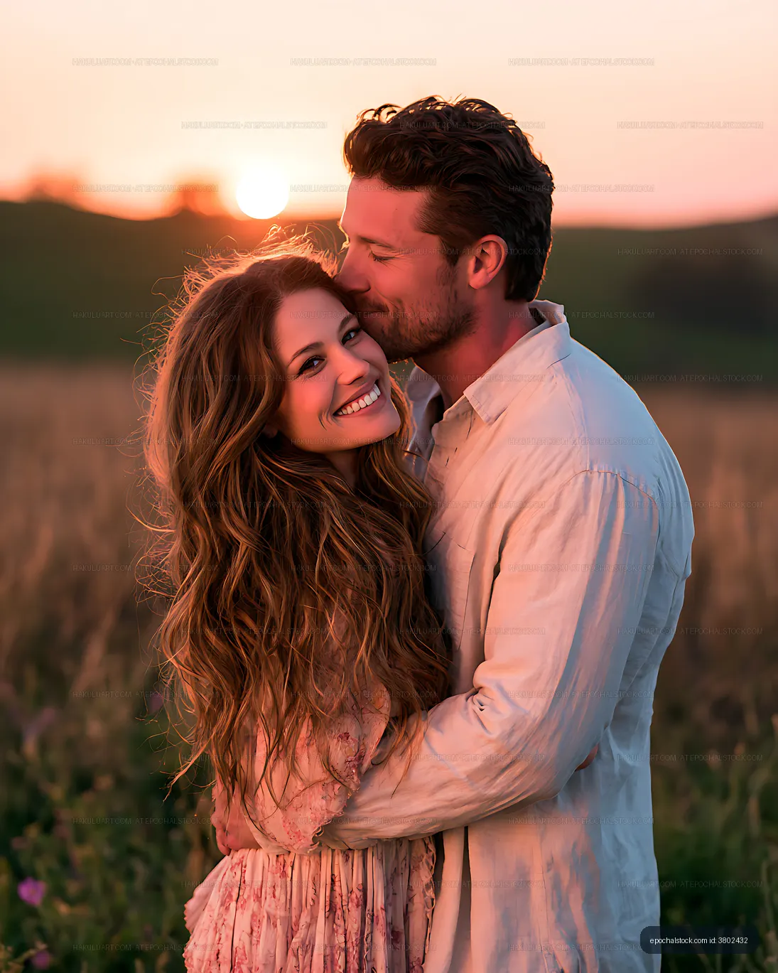 Smiling couple embracing in a sunlit field