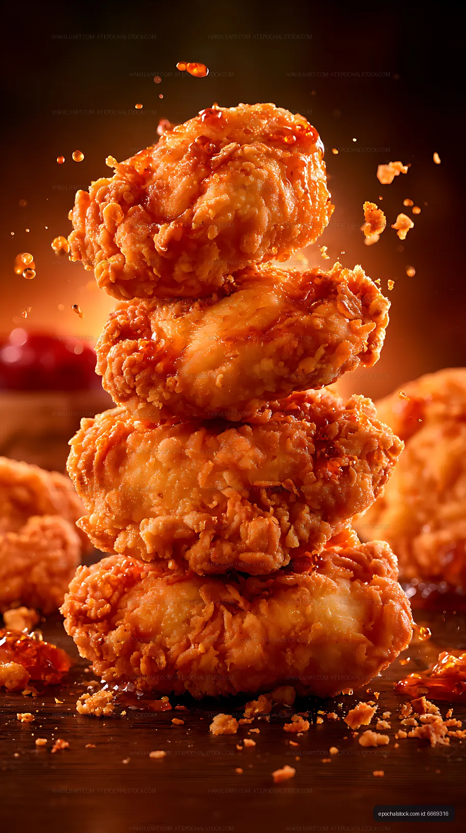 Golden crispy fried chicken pieces stacked on wood