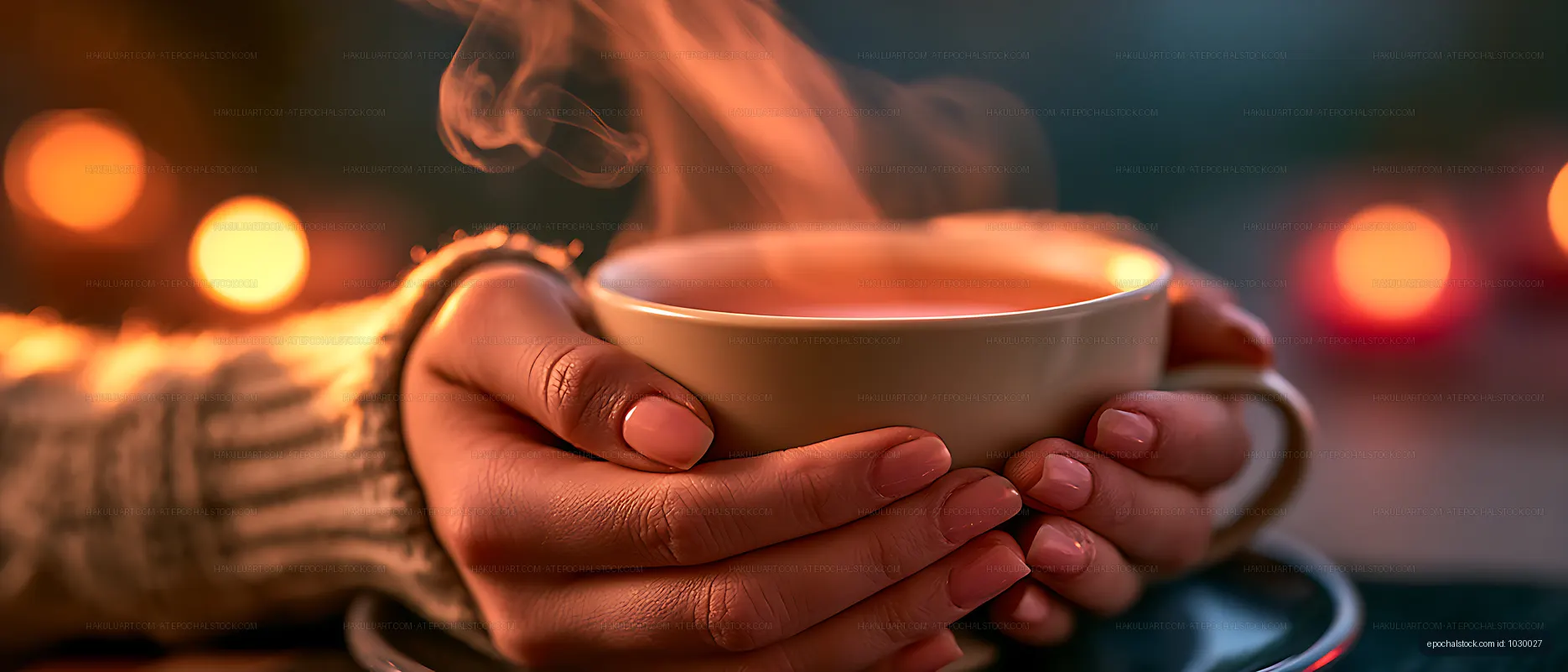 Warm close-up of hands holding a steaming cup
