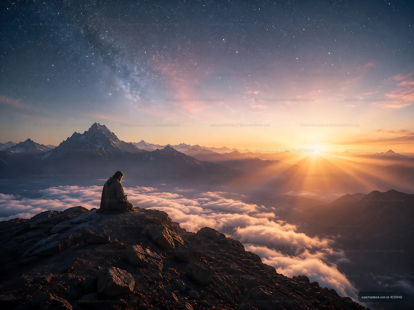 Sunrise over mountains with a person meditating on a rocky ledge