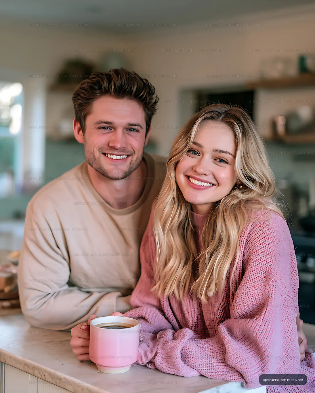 Smiling couple with a pink coffee mug in a cozy kitchen