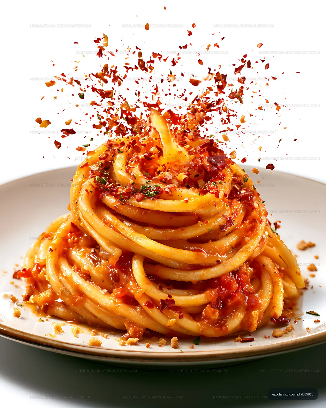 Close-up spaghetti mound with tomato sauce and red pepper flakes