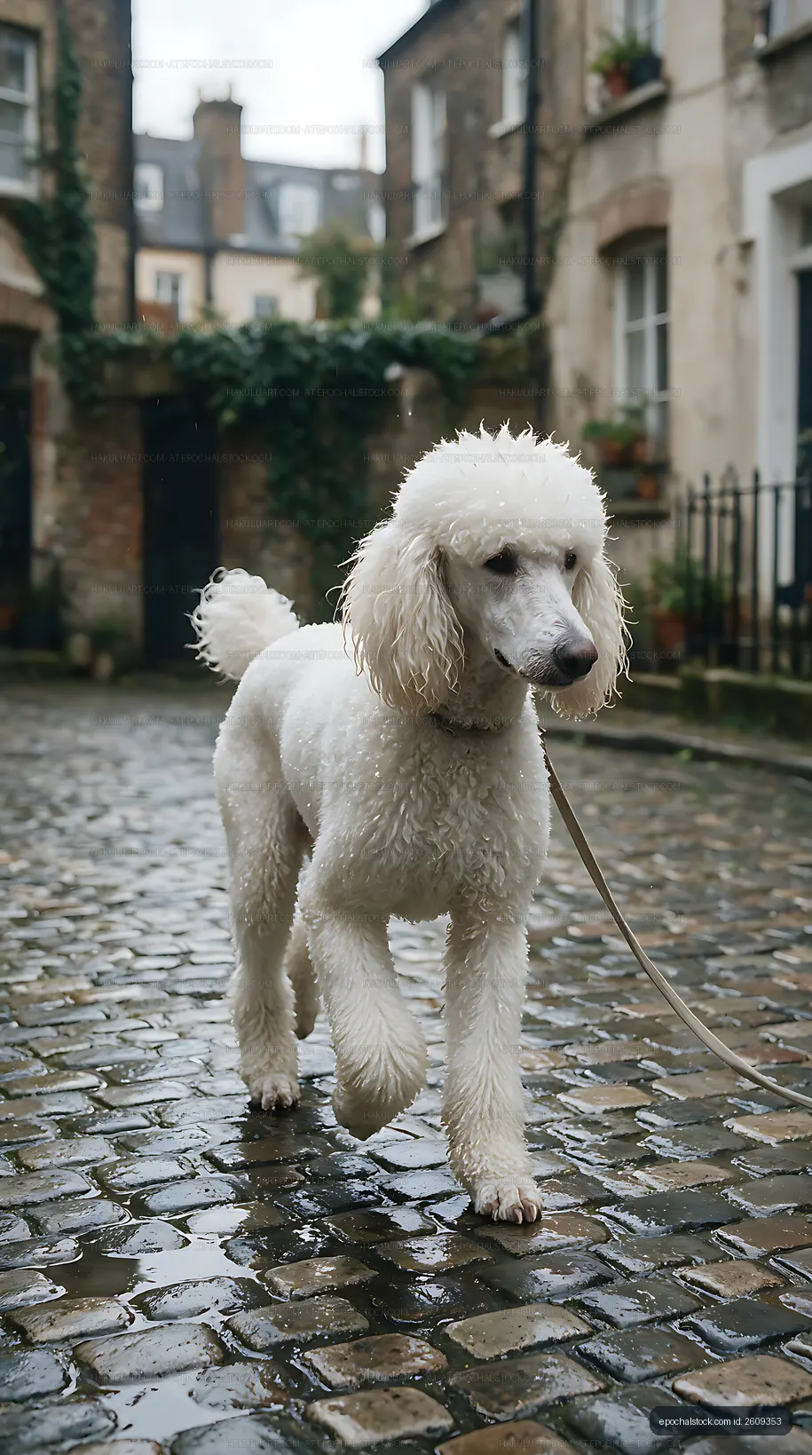 Curly white poodle walking on wet cobblestones