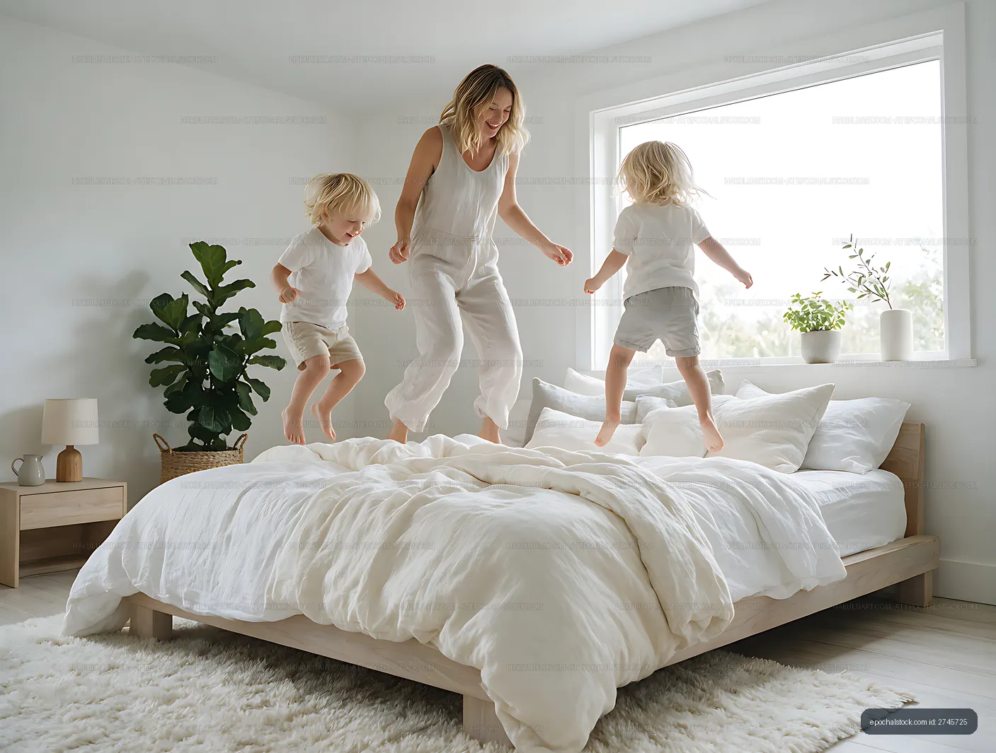 Mother and children playing on a bed at home