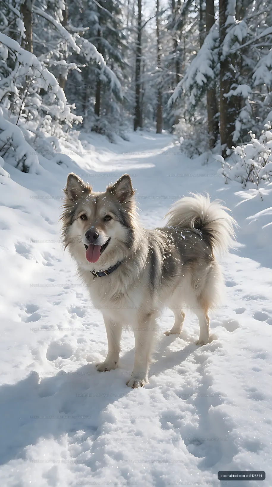 Long-haired dog posing on a snow-covered forest trail