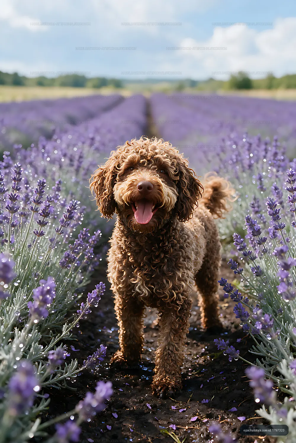 Curly-coated dog on a path through purple flowers