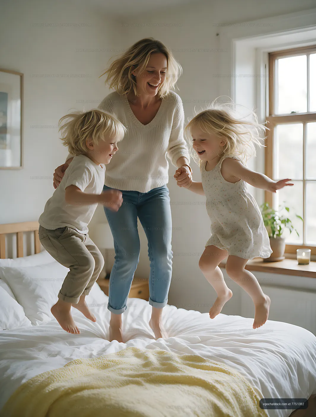 Family jumping together on a bed at home