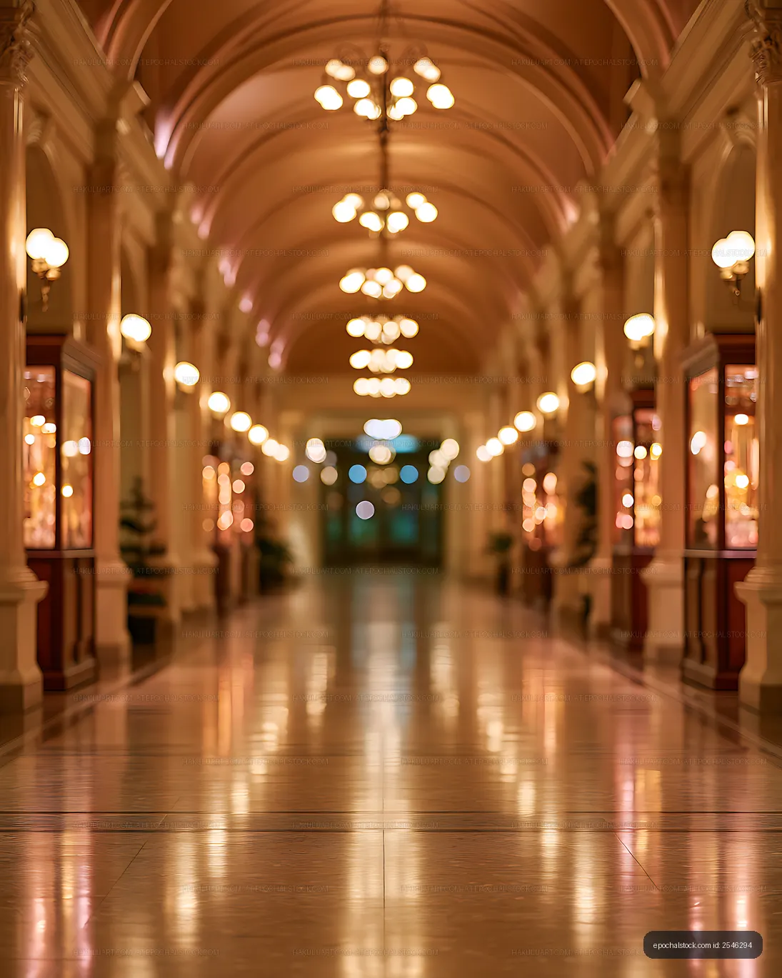 Symmetrical amber corridor interior with chandelier bokeh