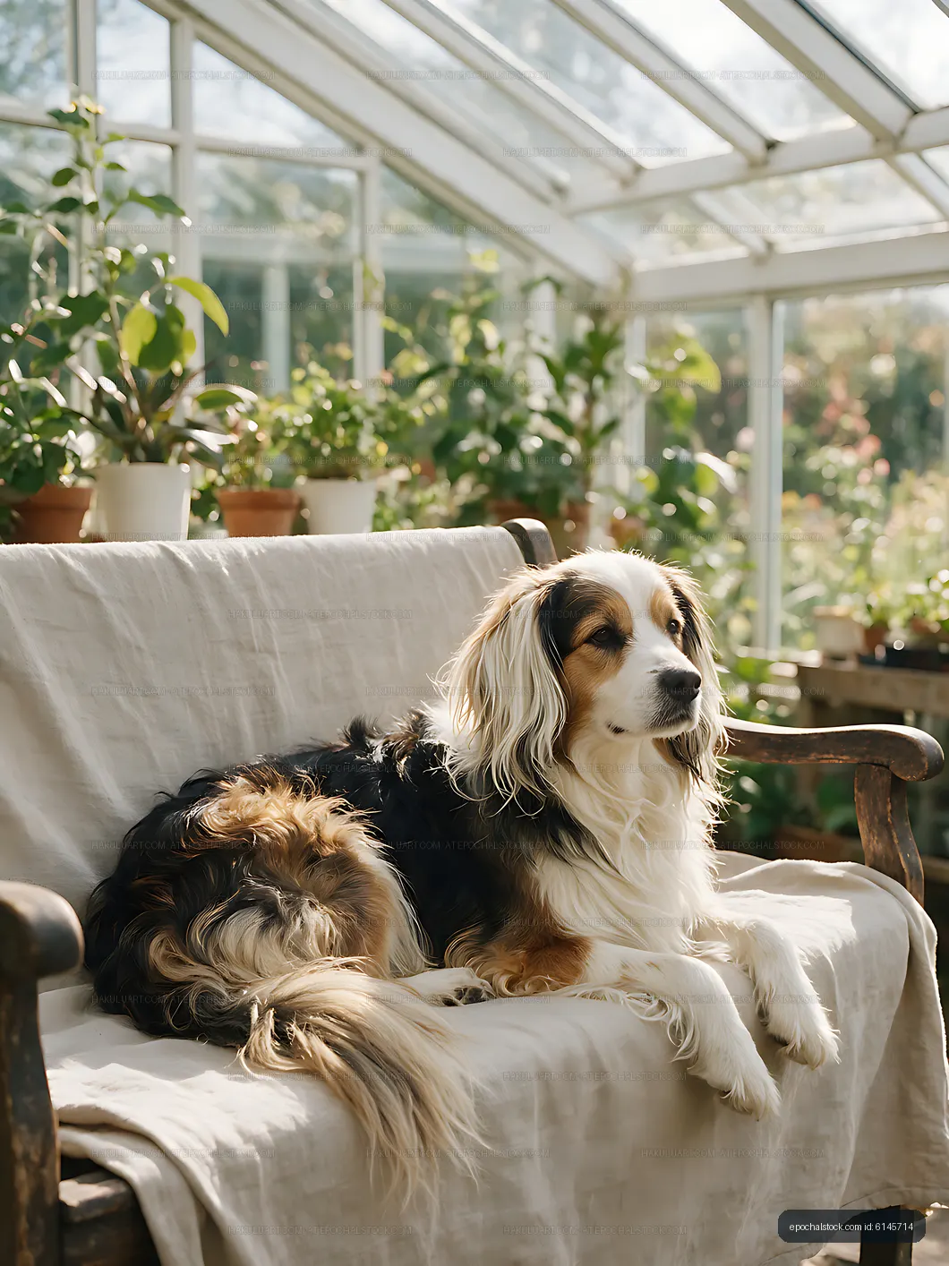 Tricolor long-haired dog resting in a bright conservatory