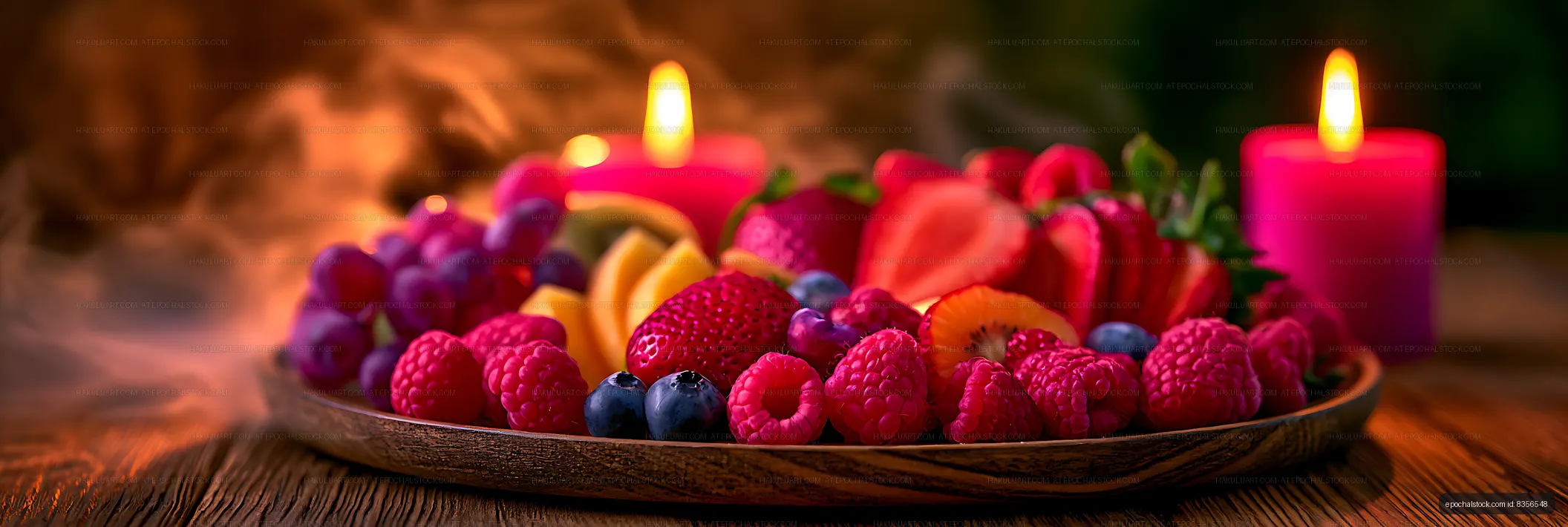 Fresh berries and tropical fruit with red candlelight