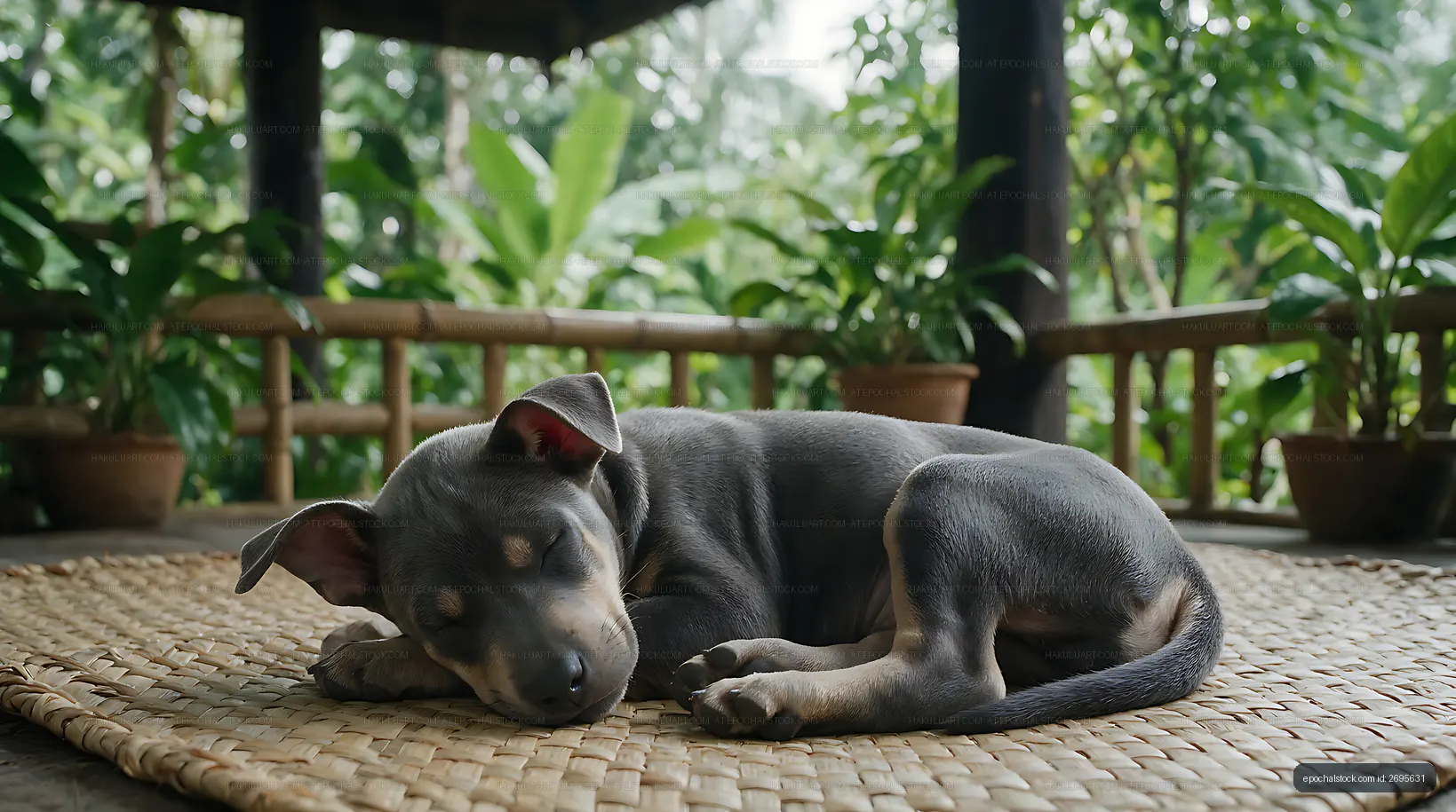 Rare breed puppy asleep in a tropical garden