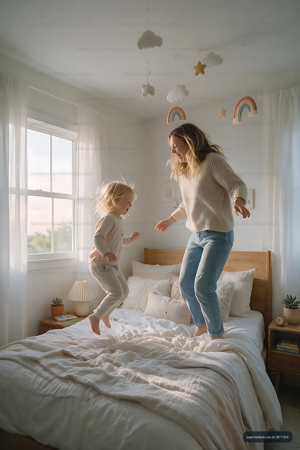 Mother and blond child jumping on a bed at home
