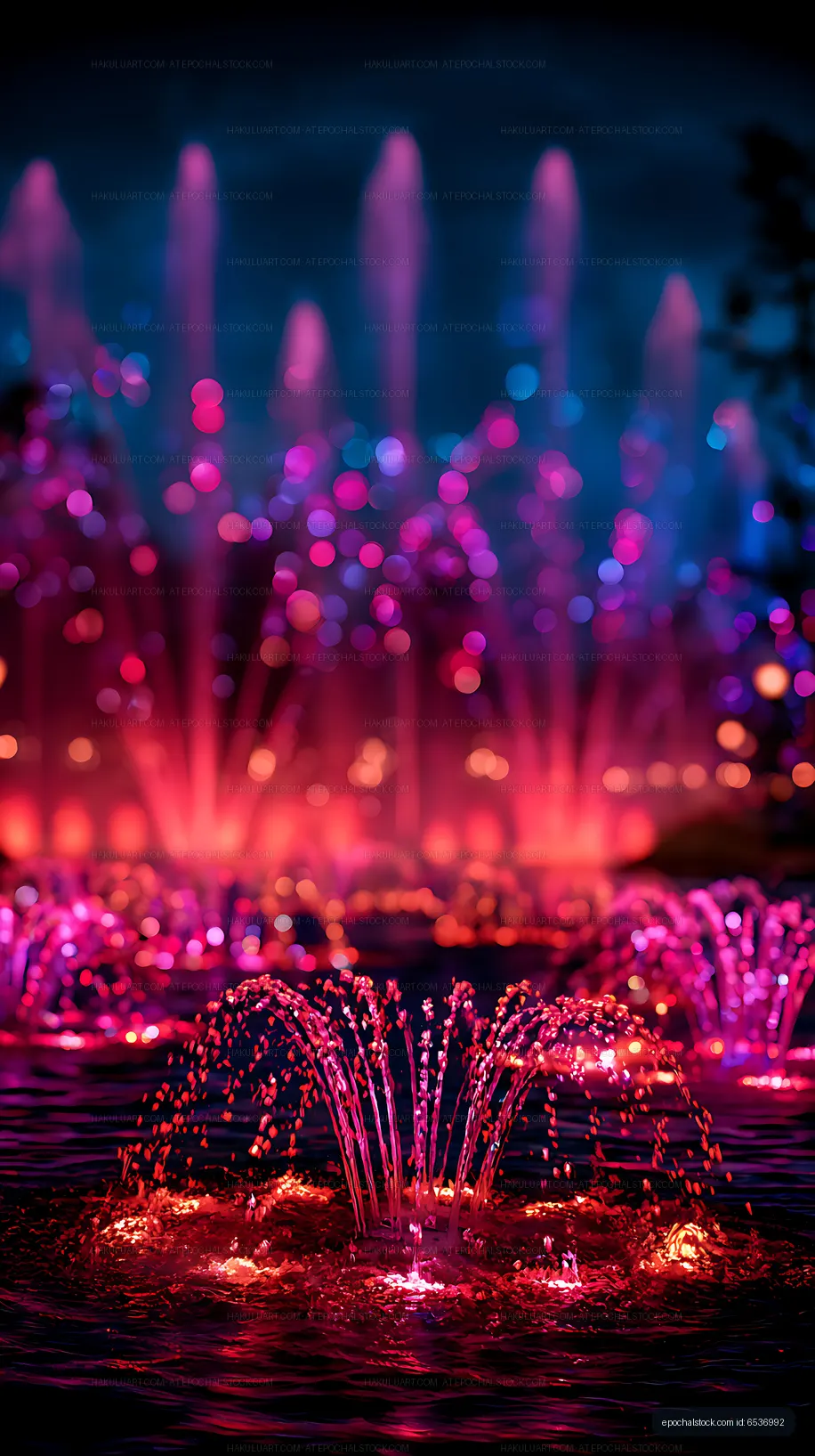Neon pink and blue fountain water at night