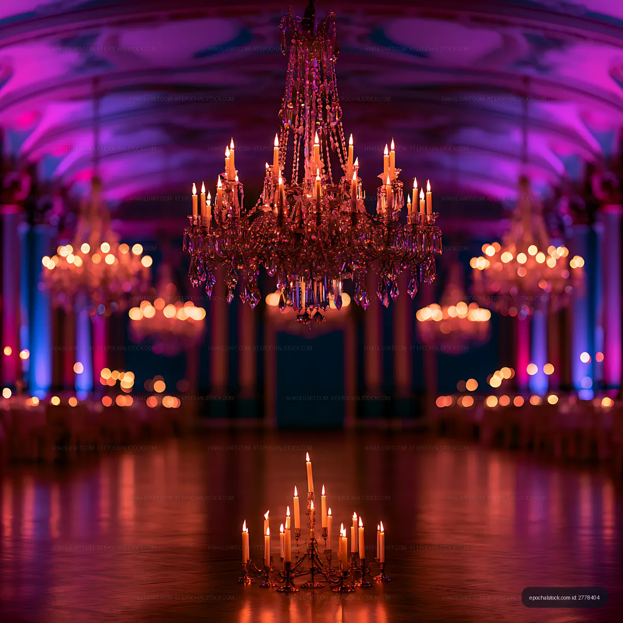Glowing crystal chandelier with candles over a reflective floor