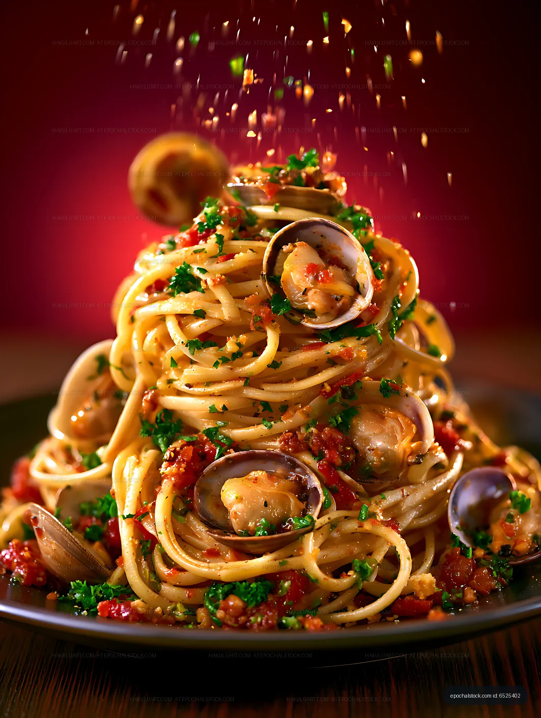 Dramatic close-up of mussel seafood pasta
