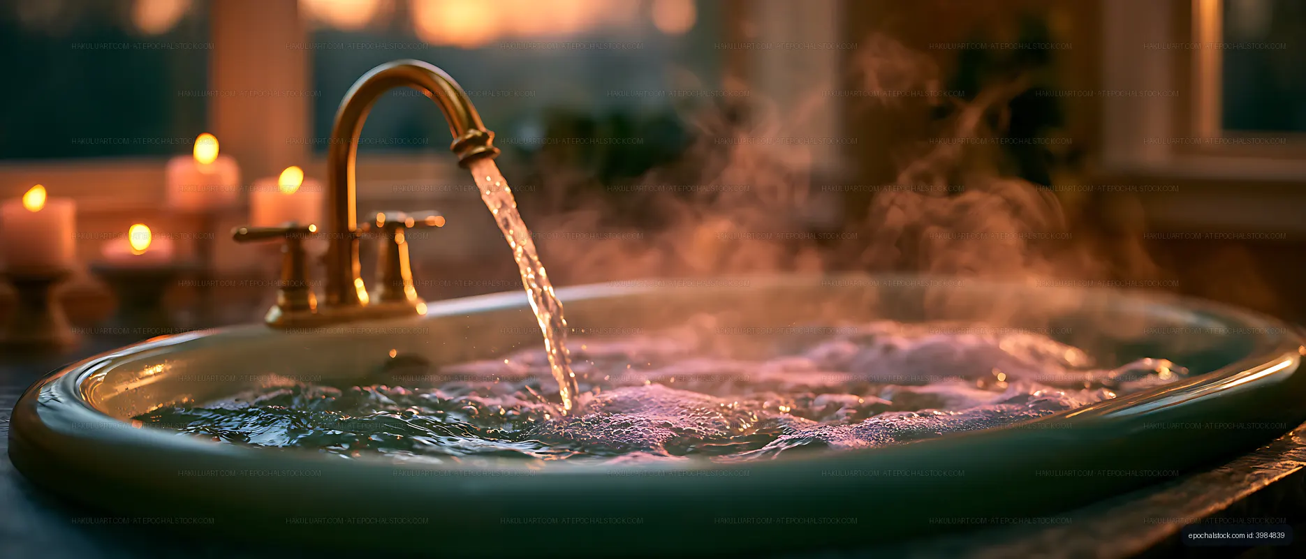 Relaxing bathtub scene with flowing faucet, steam, and candles