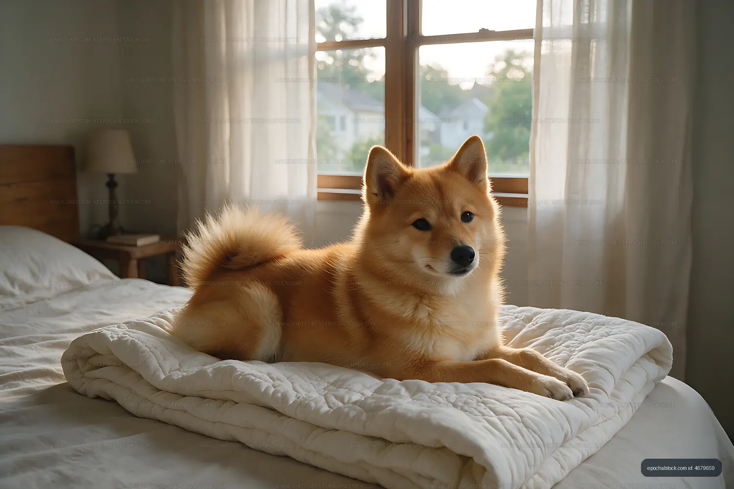 Fluffy dog resting on a bed beside a bright window
