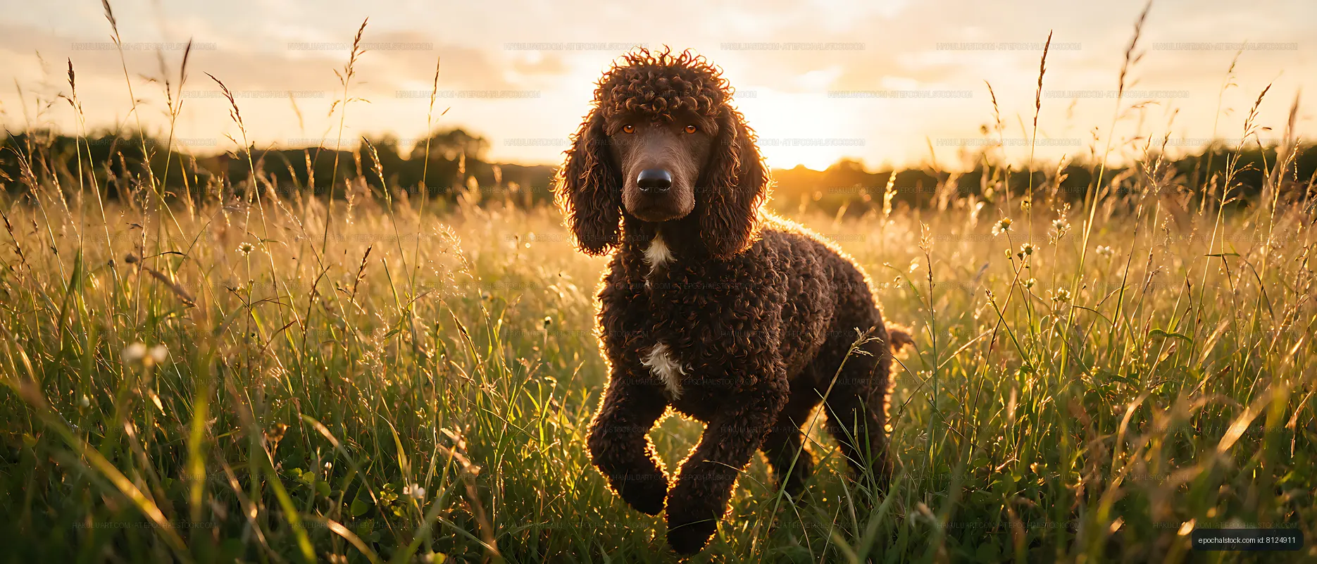 Curly-coated dog portrait in a glowing meadow