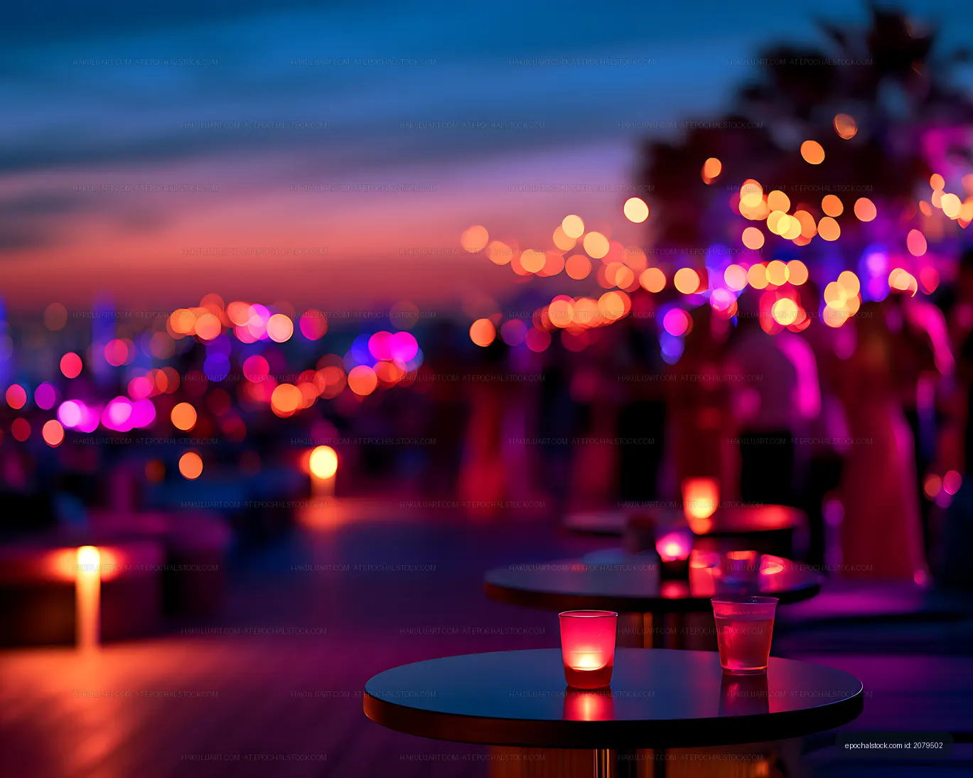 Colorful candlelit lounge with bokeh lights
