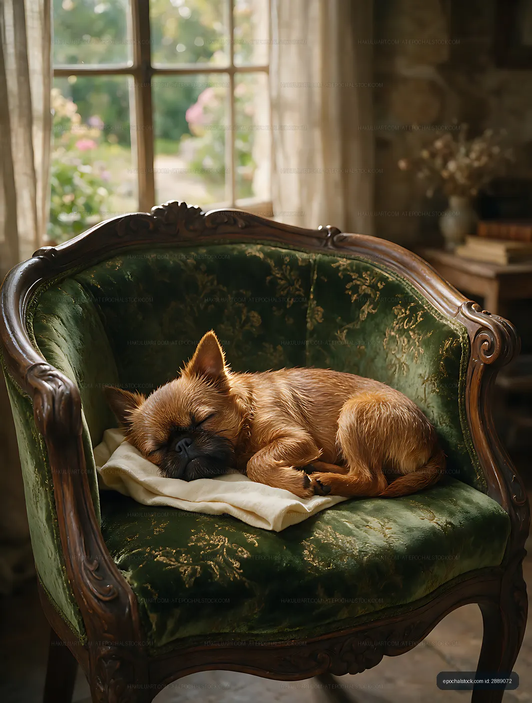 Small puppy asleep on an ornate armchair by a window