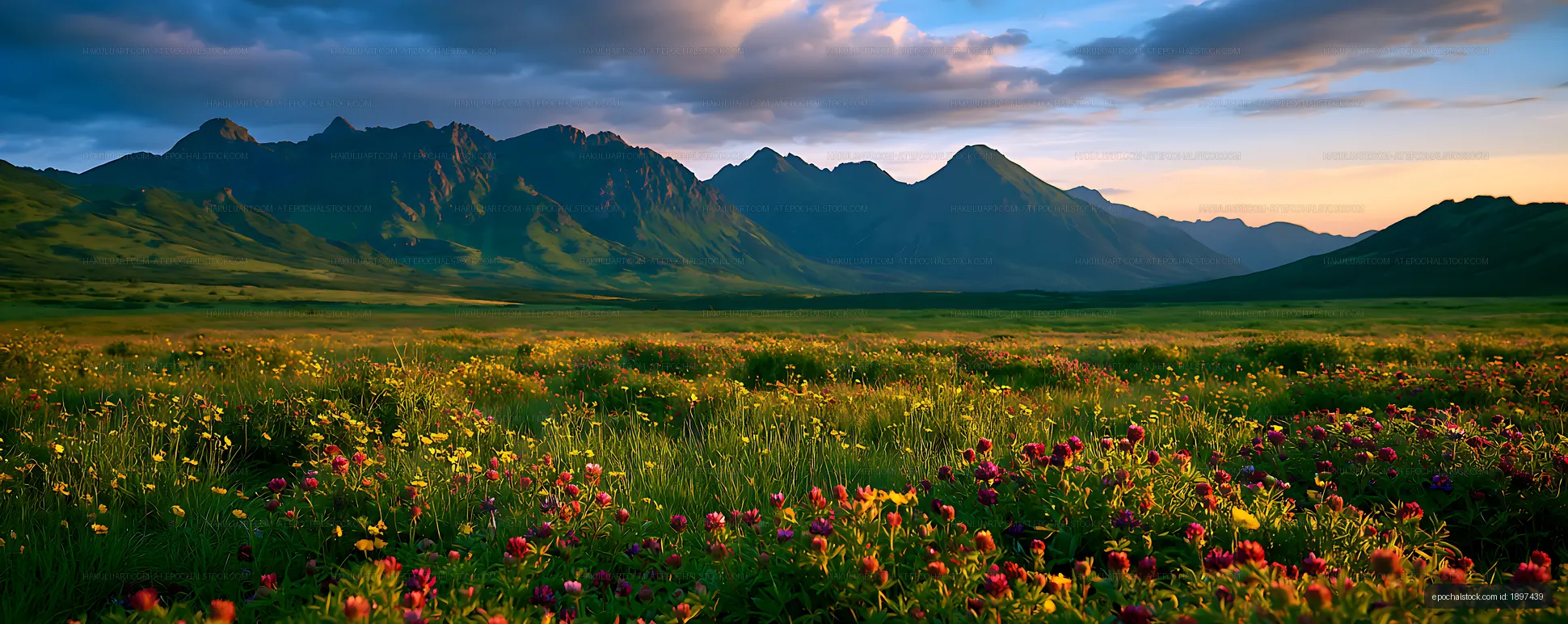 Colorful Wildflower Meadow Beneath Rugged Mountain Peaks