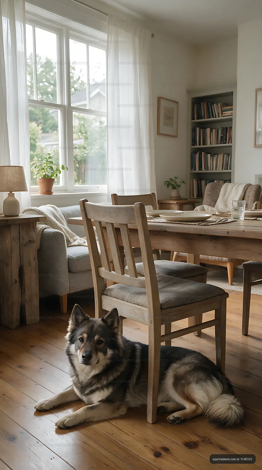 Dog resting beneath a dining chair at home