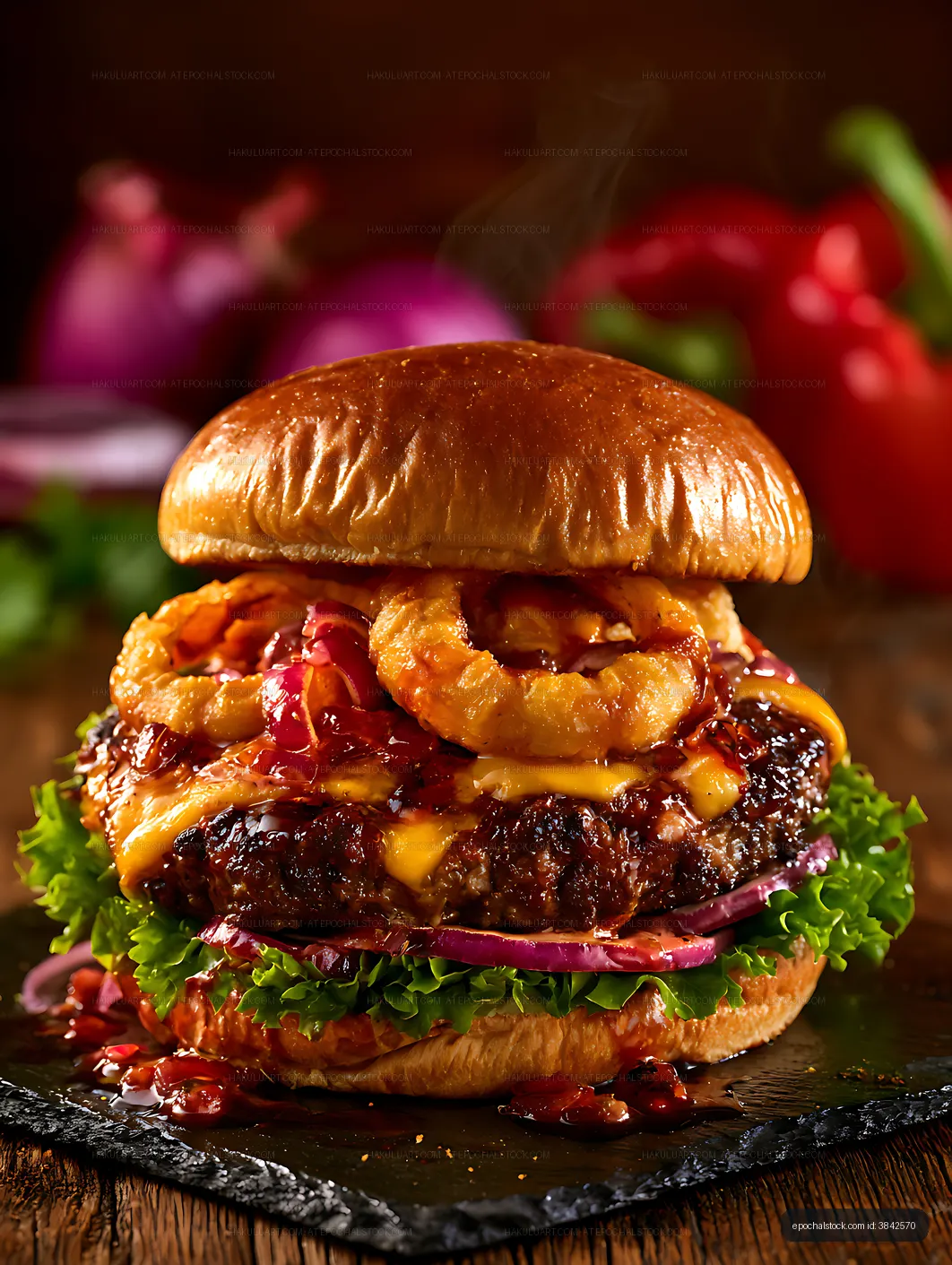Close-up gourmet burger with cheese and onion rings