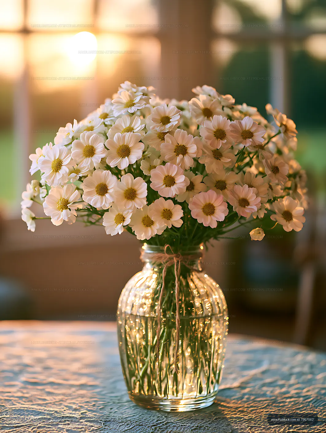 Sunlit White Daisies Arranged in a Clear Glass Vase