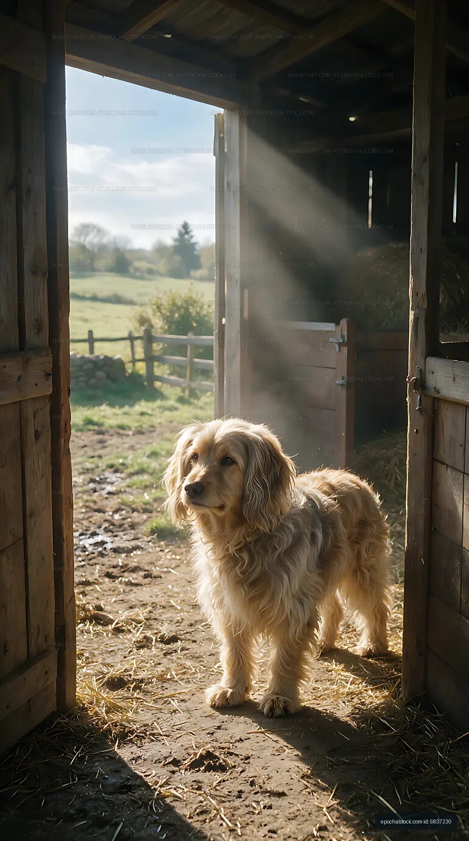 Long-haired dog in a rustic farm barn