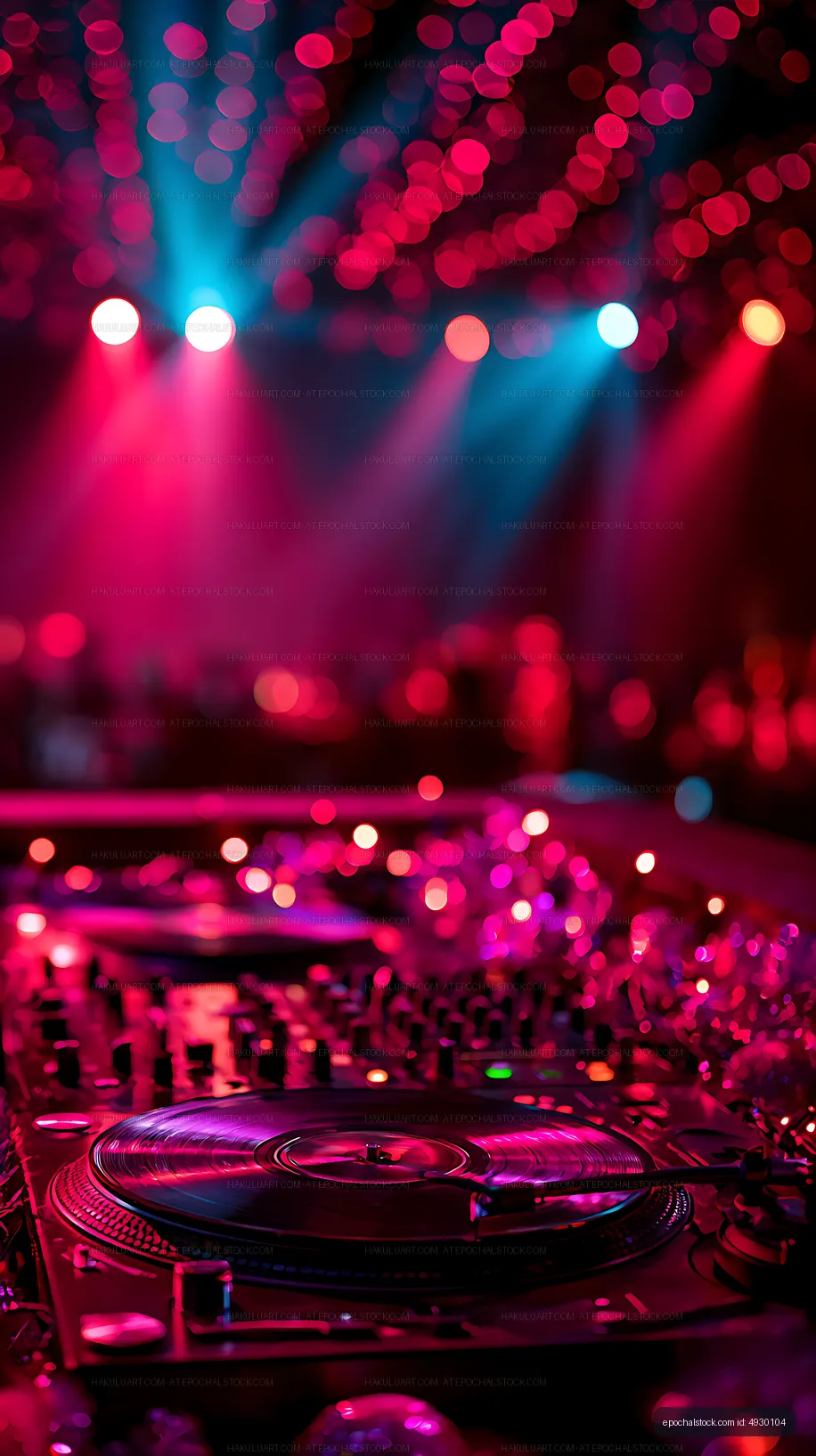 Vivid neon lights shining over a turntable
