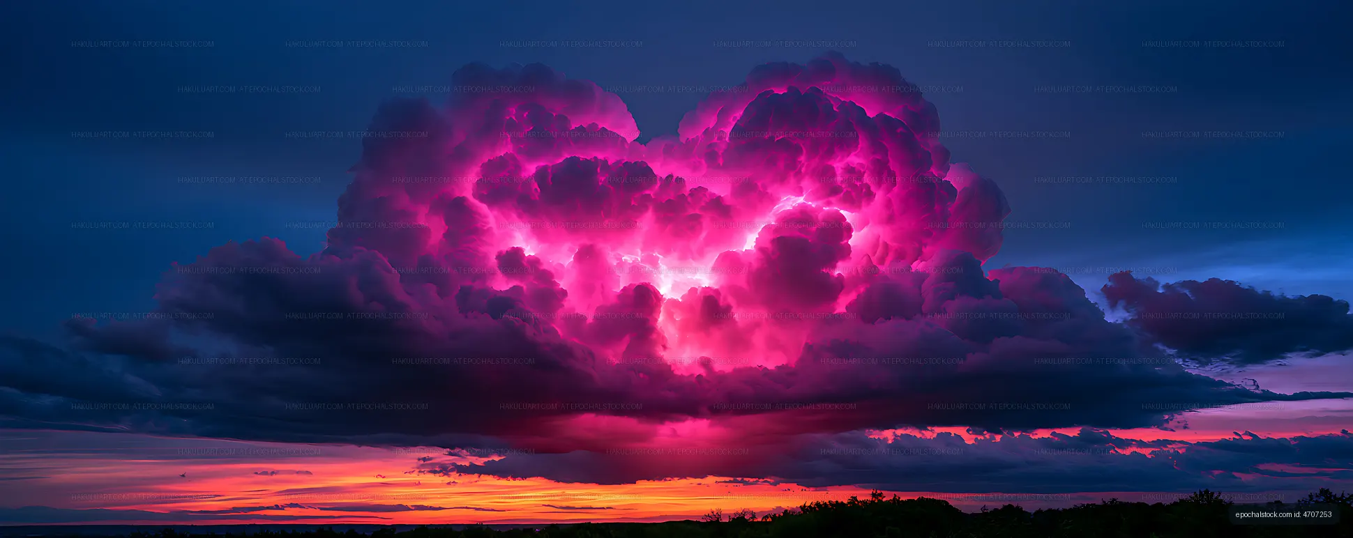 Vivid magenta thunderclouds above a sunset landscape