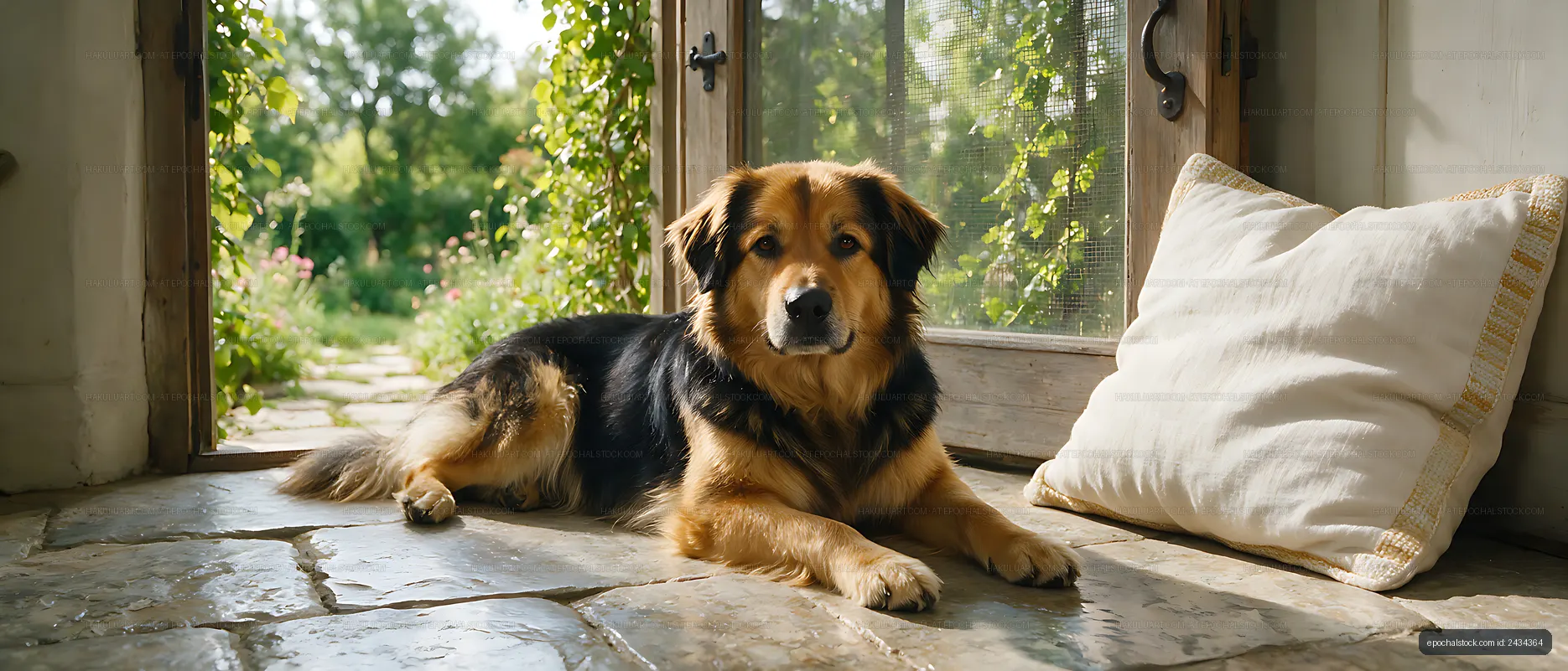 Long-haired dog lying on a stone floor at home