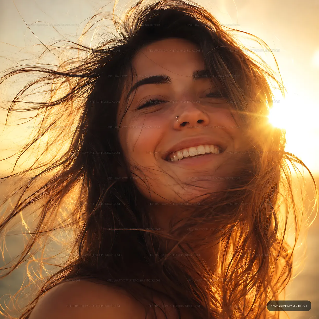 Woman smiling outdoors against sunset background