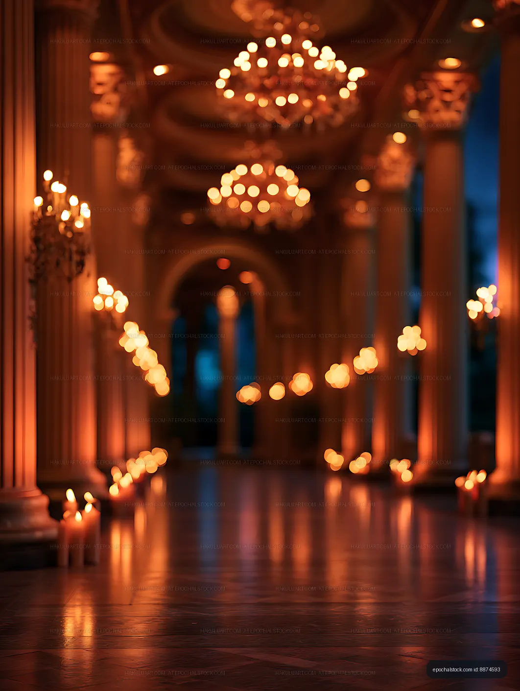 Soft-focus candlelit hall with glowing chandeliers