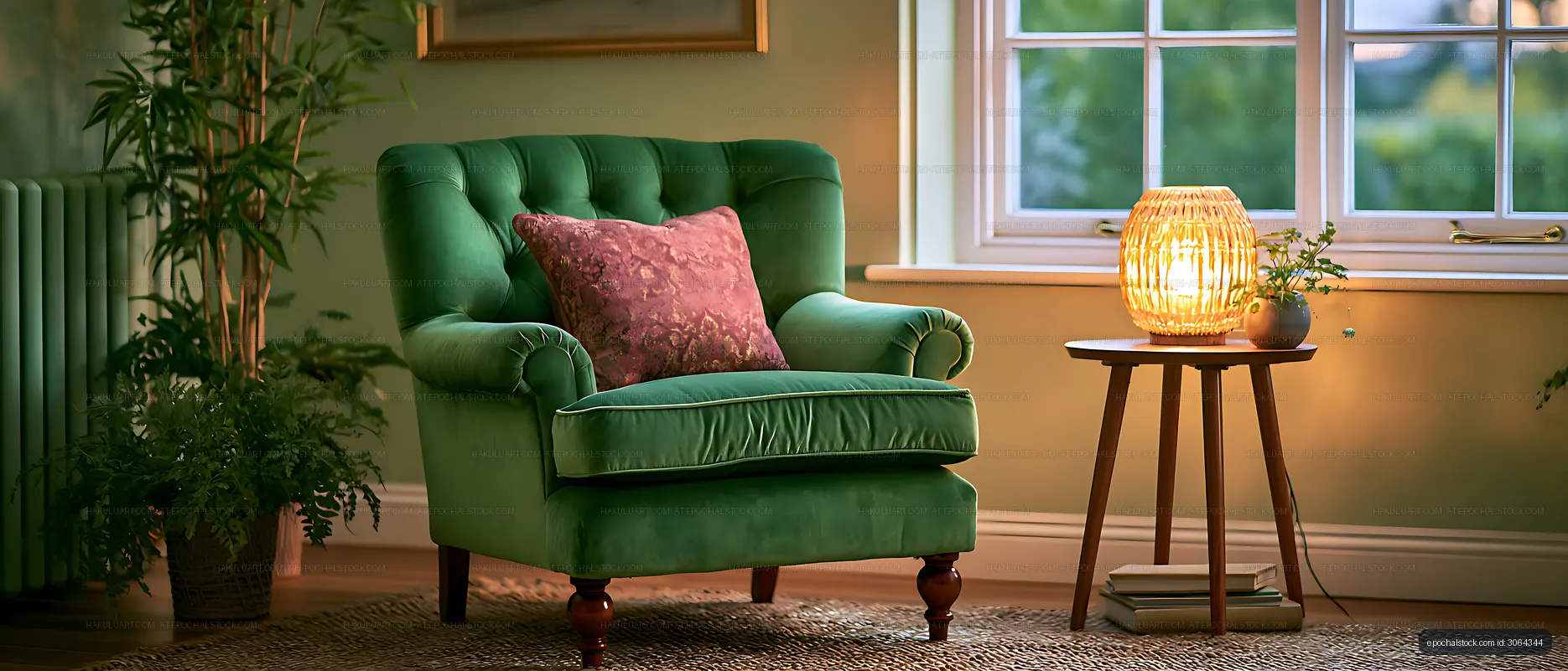Elegant green velvet chair in a warmly lit home interior