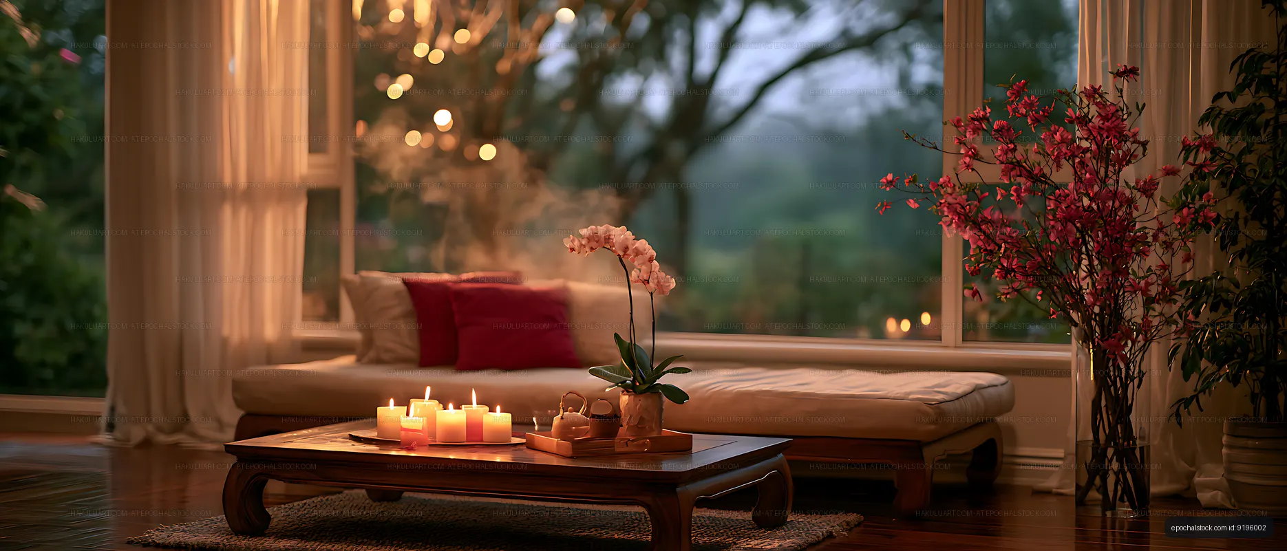 Elegant candlelit lounge with flowers and window view