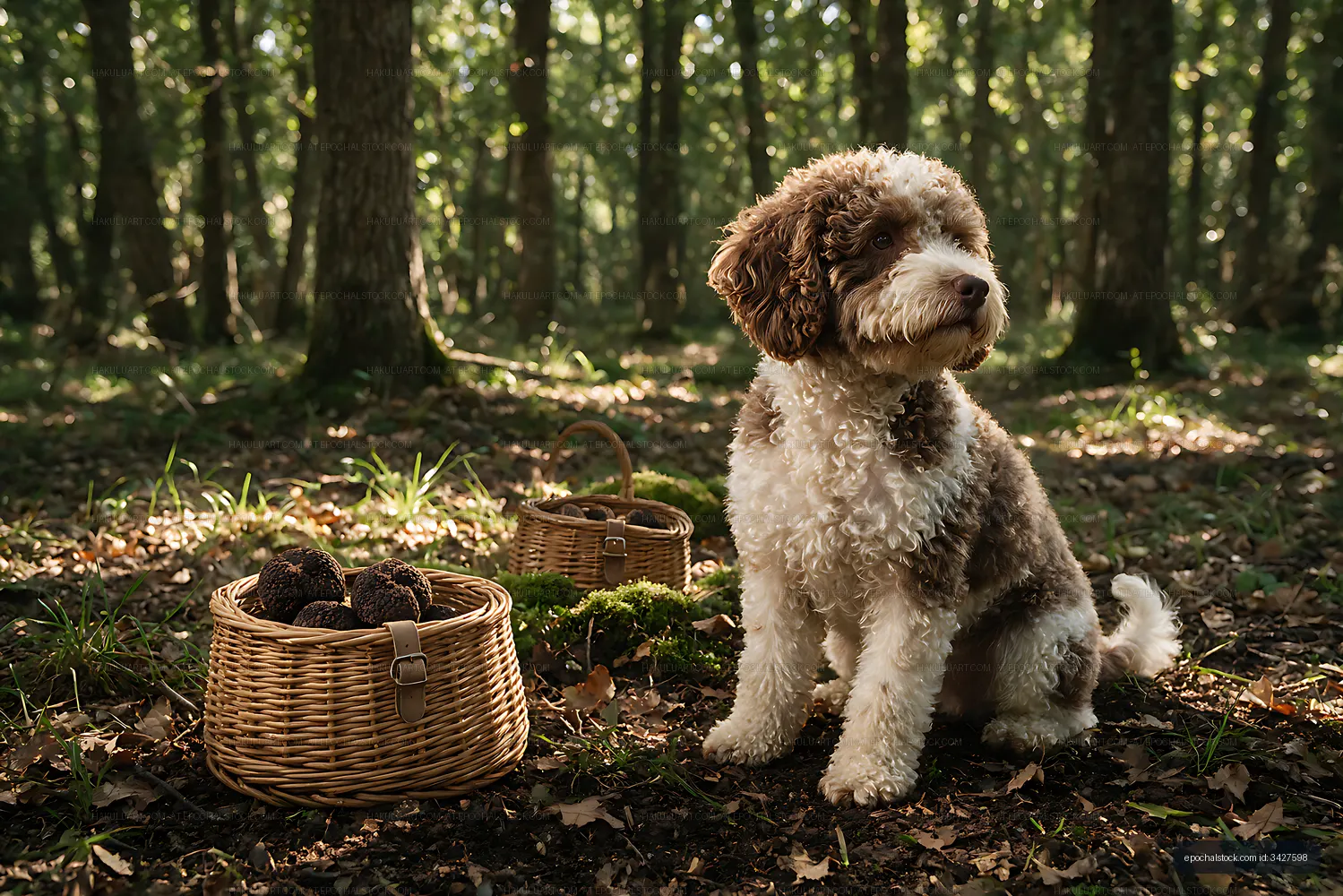 Curly-coated dog with baskets on a forest floor
