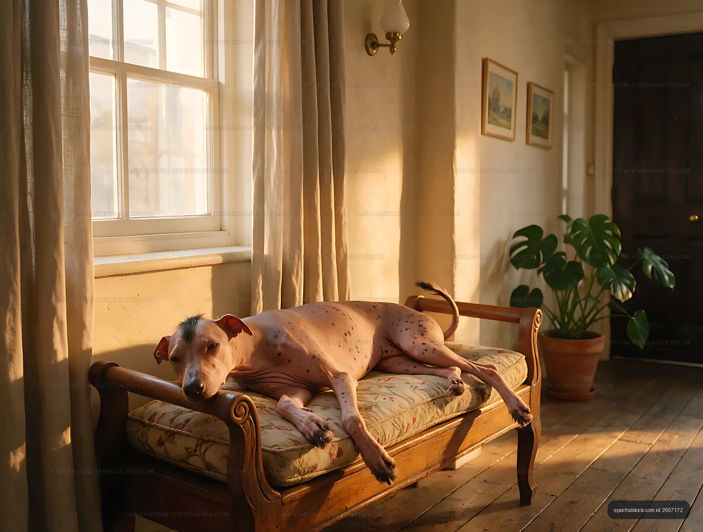 Hairless spotted dog lounging in a sunlit home interior