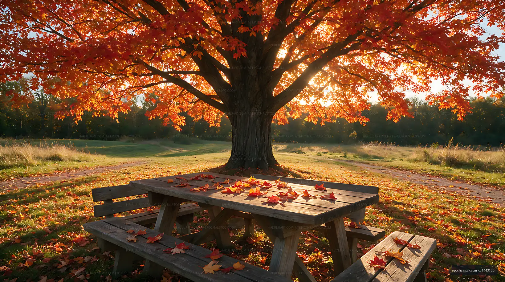 Rustic picnic table beneath a sunlit autumn tree
