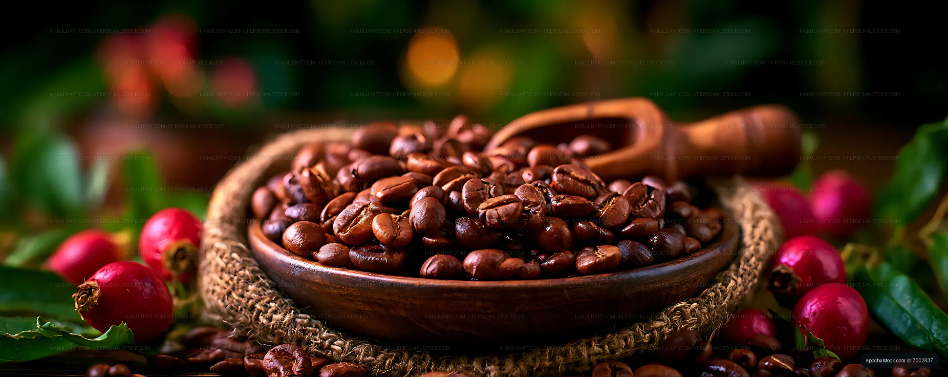 Rustic bowl of roasted coffee beans surrounded by berries