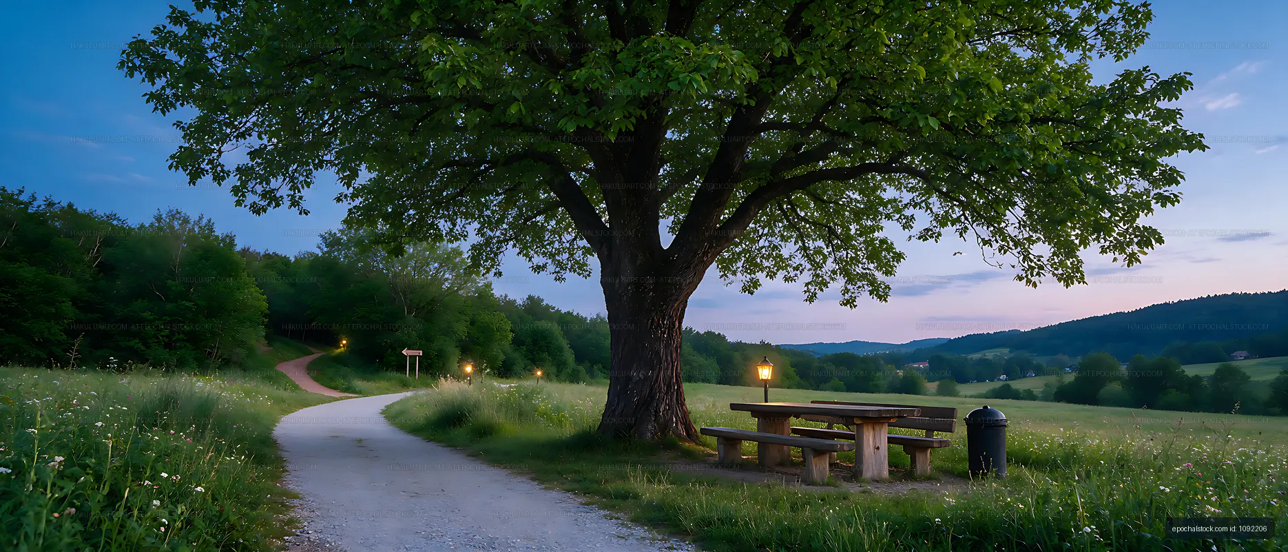 Scenic meadow picnic area beneath a broad shade tree