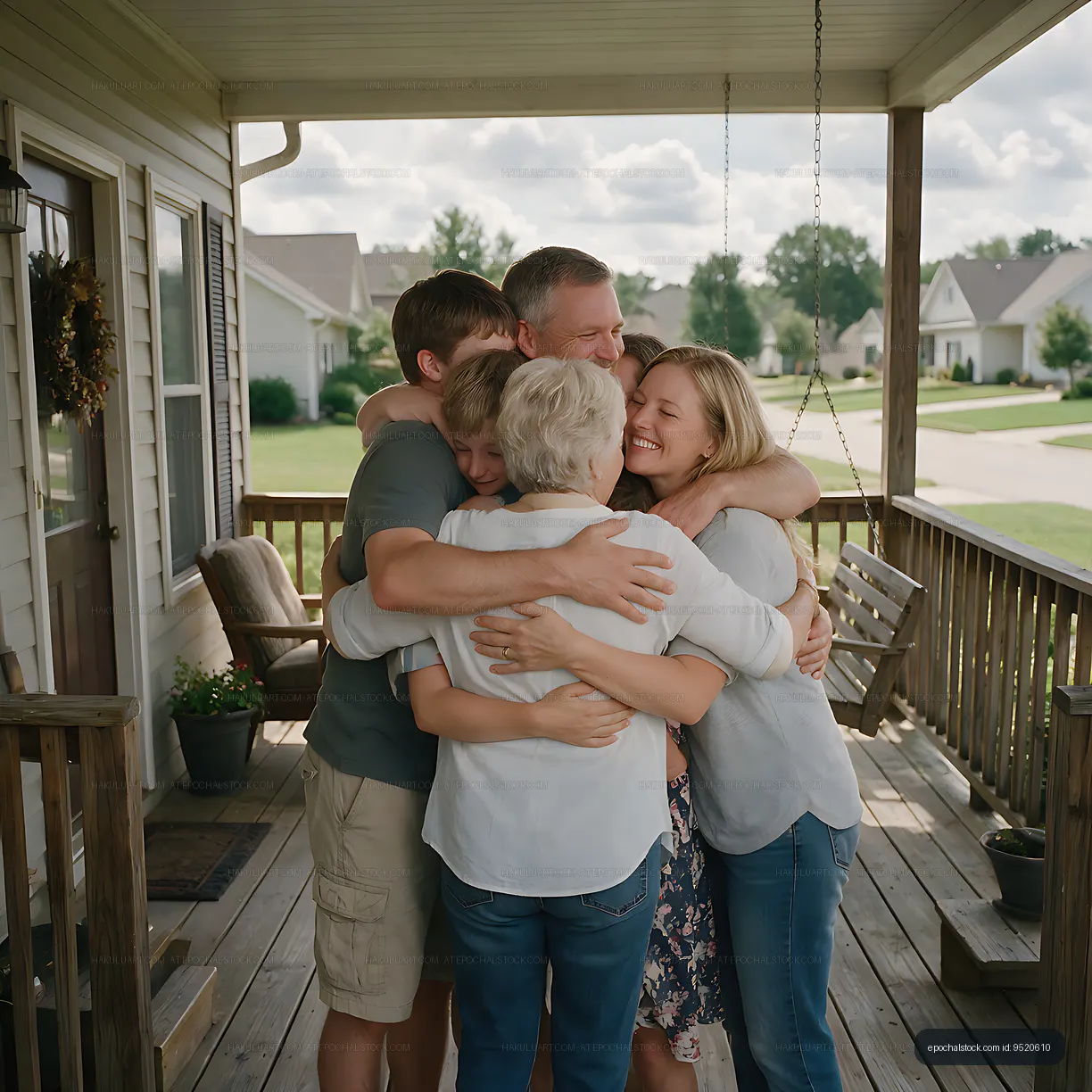 Happy family reunion hug on a sunny home porch