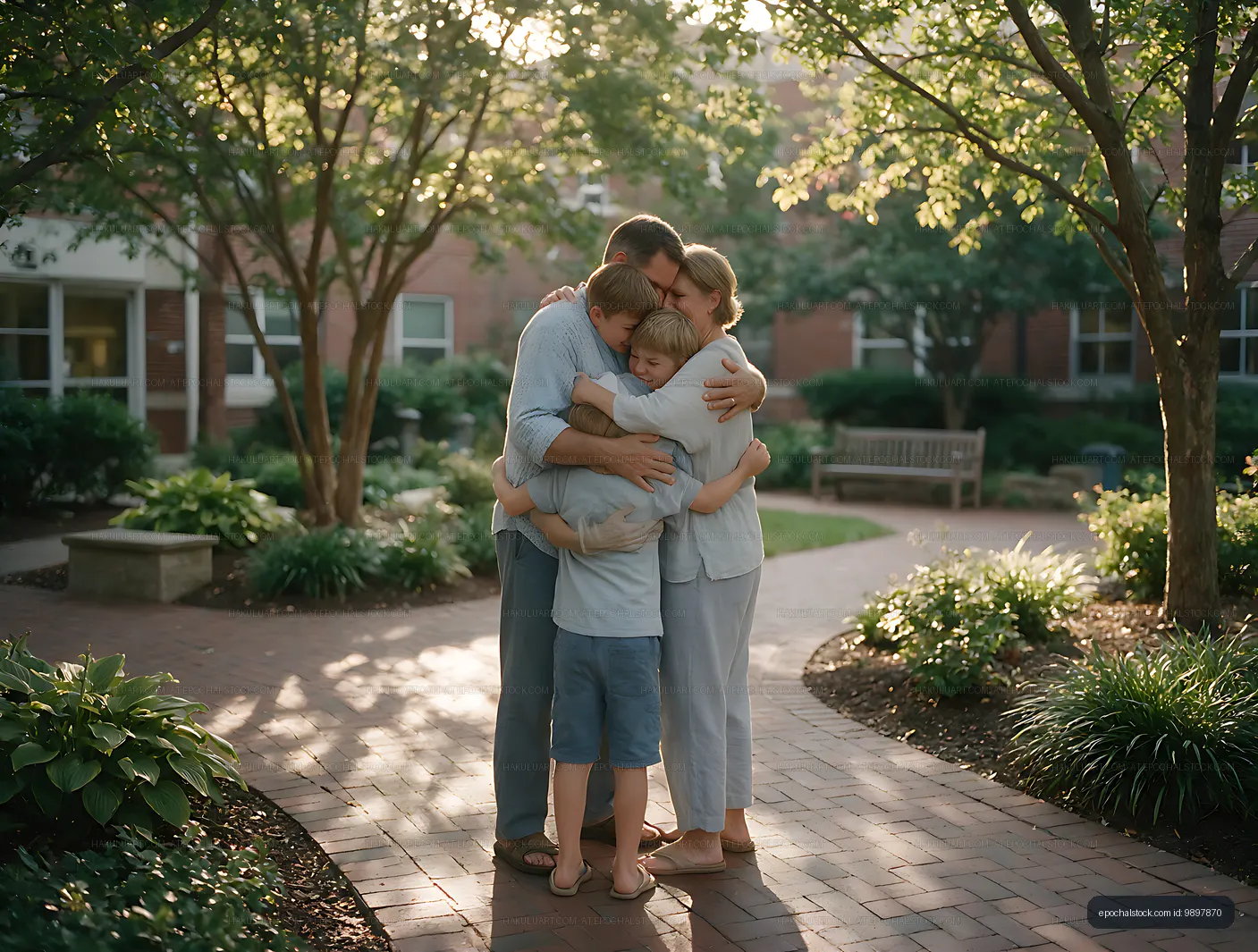 Parents and children embracing on a sunlit courtyard path