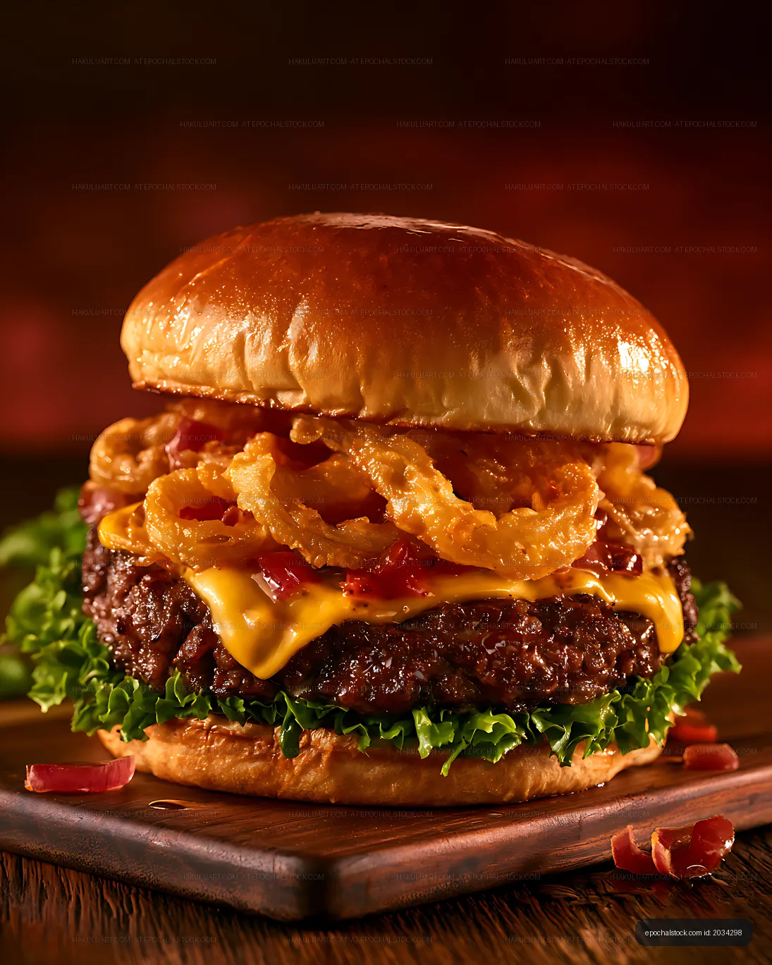 Close-up gourmet burger with melted cheese and onion rings