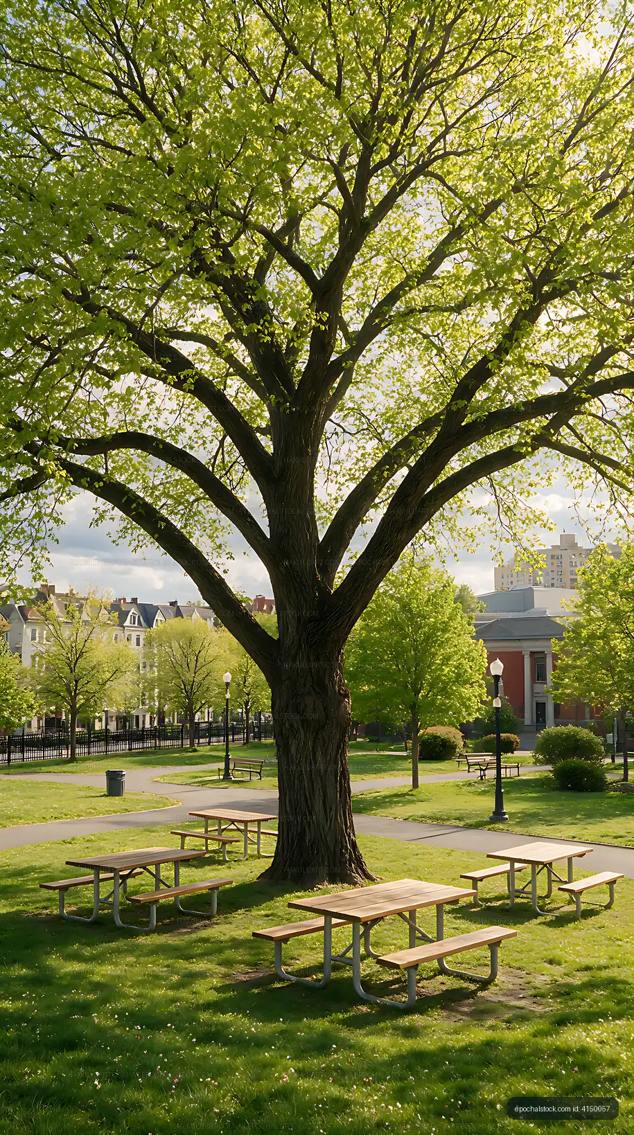 Picnic tables beneath a large shade tree in an urban park